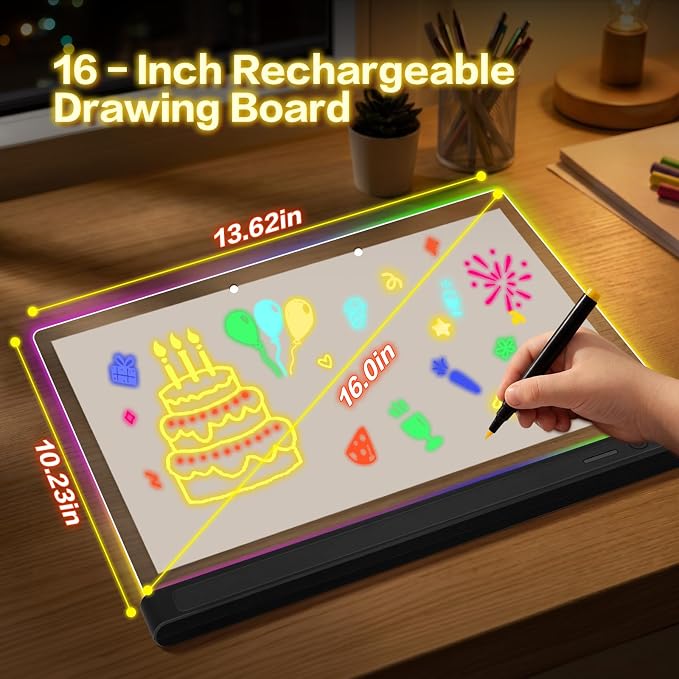 Rechargeable 16" Led Drawing Board for Kids Doodle Glow LED Note Board 7 Colors, 4 Modes, 7 Marks Light Up Pad Art Kit Kids Toy, Birthday Gift for Boys, Girls, Teens (Black)
