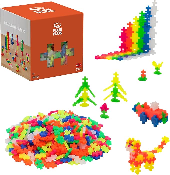 PLUS PLUS 600 Piece Neon Color Mix - Mini Waffle Blocks Set, Stem Toys for Kids - Sensory Bin Fillers, Math Manipulatives & Classroom Must Haves Gifts for Boys & Girls
