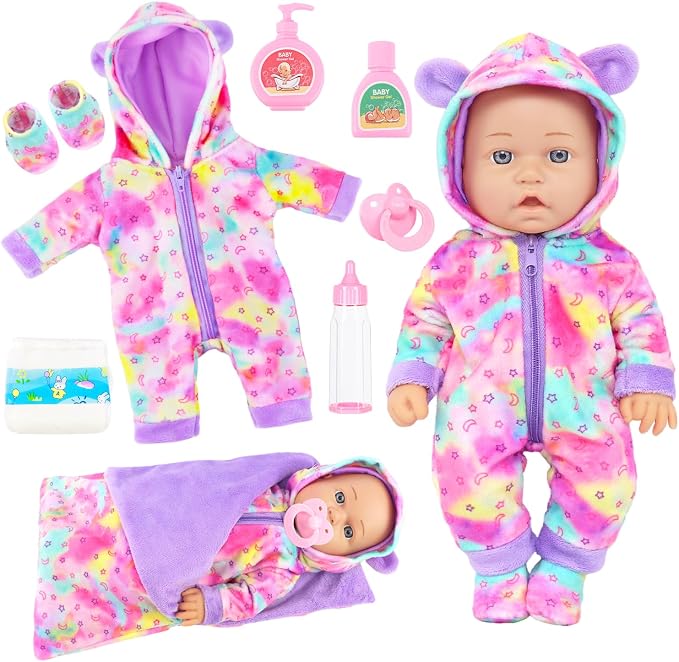 Ecore Fun 12 Inch Baby Doll with Outfit, Sleeping Bag,Pacifier, Bottle, Diaper & Care Set, Realistic Pretend Play Doll Accessories for Kids 3+
