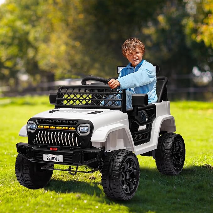 GarveeLife 12V Kids Ride On Truck Electric Vehicle Battery Powered Car Toddlers Ride On Toy for Boys Girls with Remote Control, 4-Wheel Suspension, Battery Display, LED Lights, Music, White