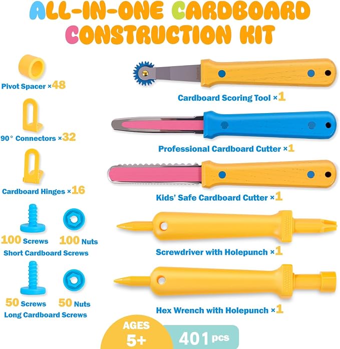 Zentara Cardboard Construction Toolbox Set with Wood Handle – 401PCS Complete Building Kit with Safe Cardboard Cutters for DIY Craft Item | STEM and STEAM Educational Toys for Boys and Girls Age 5+