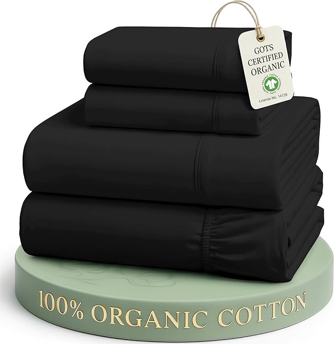 LANE LINEN Full Sheet Set 100% Organic Cotton Soft 4pc Percale - Black | Full Sheets In 100% Organic Cotton Percale - All-Season Comfort, For Guest Bedrooms, Naturally Cooling & Lightweight