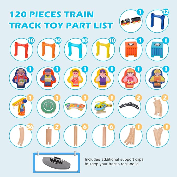 120Pcs Wooden Train Tracks Set, 398-inch Track Expansion, Toddler Railway Bridge Toy Train Set with Airplane and Magnetic Crane, Birthday Gifts for Boys and Girls, Compatible with All Major Brands