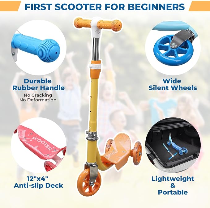 Kids Kick Scooter with Adjustable Height & LED Flash Wheels | 3 Growing Levels for Ages 3-6 Years | Outdoor Fun for Boys & Girls (37 to 50 Inches)