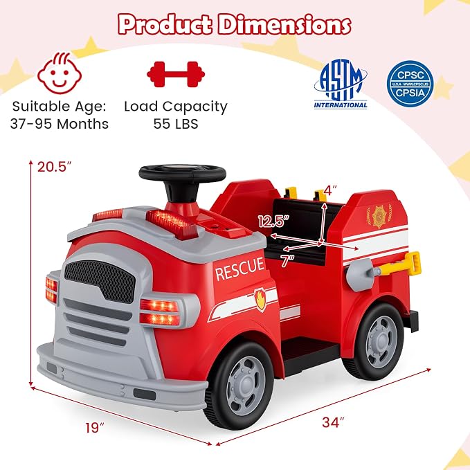 Costzon Ride on Fire Truck, 12V Toddler Fire Toy Kids Car w/Shovel & Wrench, Fire Extinguisher, Ladder, Safety Hat, 4 Anti-Slip Wheels, Music, Alarm, Horn, Electric Vehicle Gift for Toddlers (Red)
