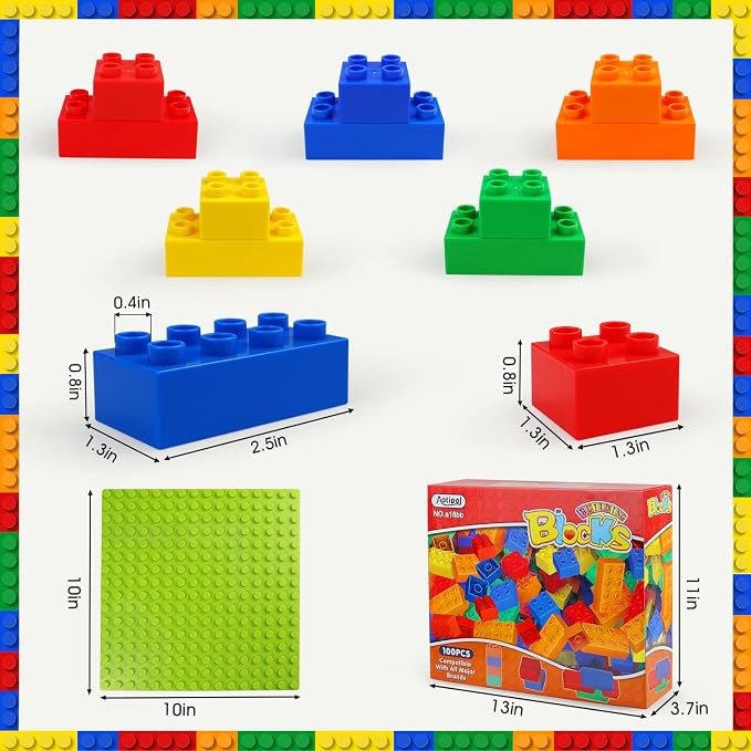 aotipol Building Blocks for Kids Toddlers Including a Baseplate, 101-piece Large Classic Building Bricks Set for Kids of All Ages, Basic STEM Toys Gift, Compatible with All Major Brands