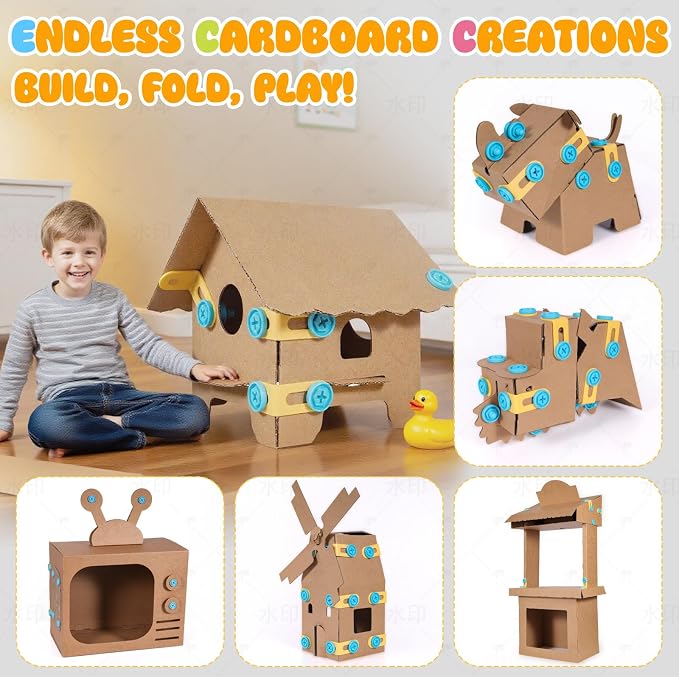 Zentara Kids Cardboard Tool Set, 232-Piece STEM Building Kit with Safe Wooden Cutter, Reusable Bolts & Nuts, Hinges, and Eco Gift Box