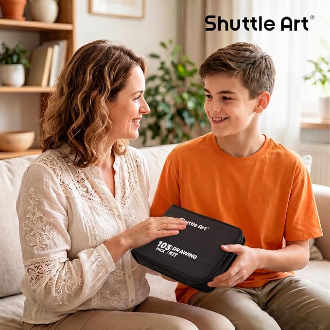 Shuttle Art 103 PCS Drawing Kit, Professional Drawing Supplies with Sketch, Charcoal, Colored, Graphite, Pastel Pencils & Sticks, Complete Drawing Tools and Paper Pads in Zipper Case for Artists&Kids