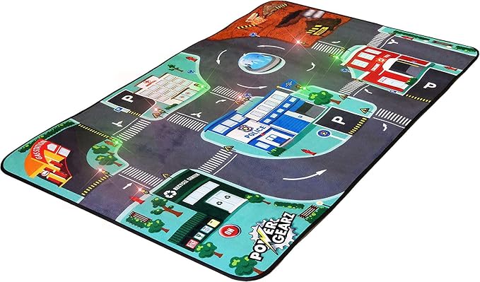 Flybar Power Gearz Kids Carpet Playmat Rug – Play Mat & Toy Trucks 3Pack Bundle with Automatic LED Traffic Lights, Car Rugs for Kids, Play for Playroom - Non-Slip, Toys for Ages 3-5