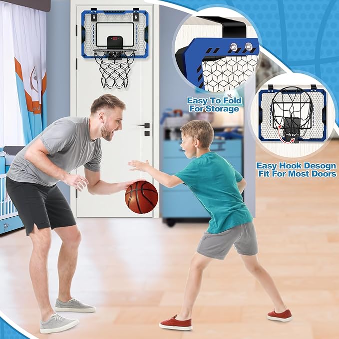 Indoor Basketball Hoop for Kids Age 5-10, Mini Basketball Hoop Over The Door Basketball Hoop with Electronic Scoreboard & 3 Balls - Door Basketball Hoop Indoor for Gift for Boys Age 5-10