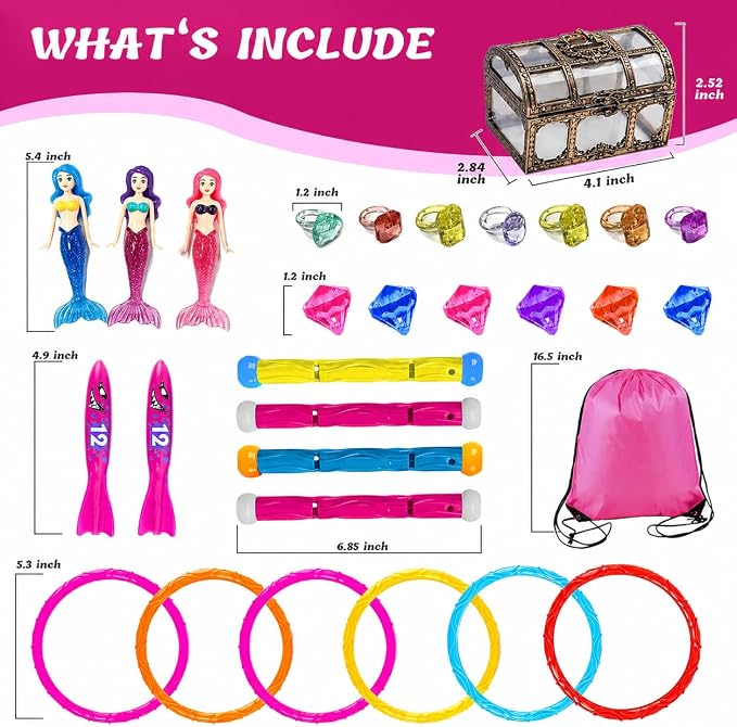 30 Pcs Diving Pool Toys for Kids Ages 3-12 - Little Mermaid Toys for Girls, Dive Sticks, Treasure Chest, Pink Shark Torped & Gems with Storage Bag, Summer Swim Water Toys for Pool Games, Bath & Party