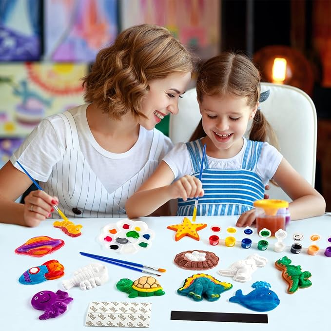 Juboury Kids Arts and Crafts Plaster Painting Craft Kit Art Set - Painting Your Own Space Dinosaurs & Marine Life Figurines - Ceramic Painting Kit for Kids, Girls, Boys, Toddlers