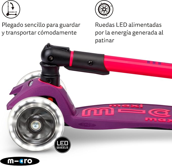 Micro Kickboard | Maxi Foldable LED Kids Scooter for Ages 5-12 | Children up to 110 lbs | 3 Wheel Lean-to-Steer Design | Adjustable T Bar | Smooth Ride, Motion Activated PU LED Wheels | Swiss Design