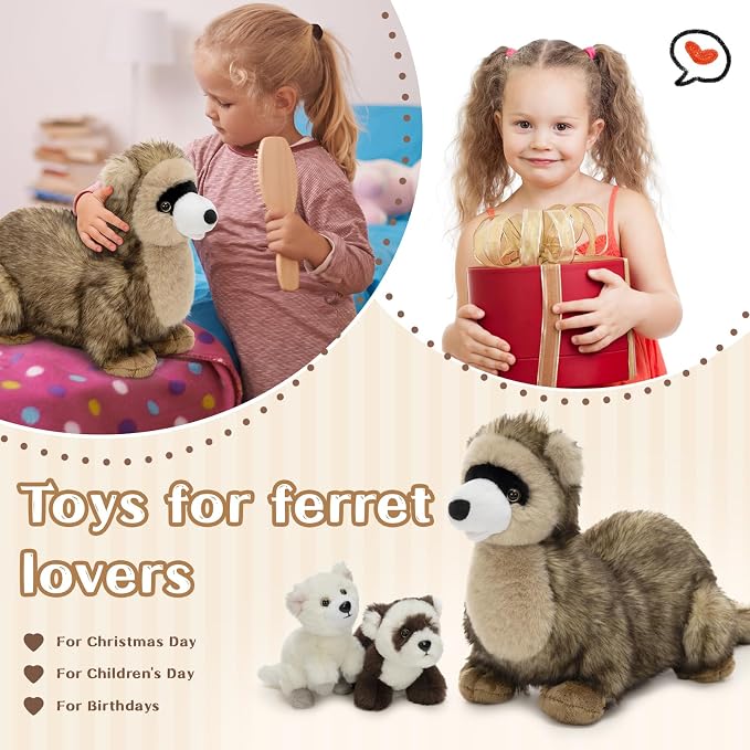 3Pcs Ferret Plush Toy with Babies, Mother Ferret Stuffed Animal with 2 Cute Stuffed Baby Ferrets, 18" Snuggly Forest Animal Plushies for Kids, Christmas Birthday Gift