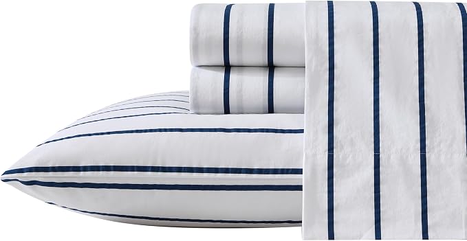 Nautica – Twin Size Sheet Set, Crisp Cotton Percale Bedding with Matching Pillowcase, Lightweight & Breathable Bed Sheets, Deep Pocket, College Dorm Room Essentials (Brenton Stripe Blue)