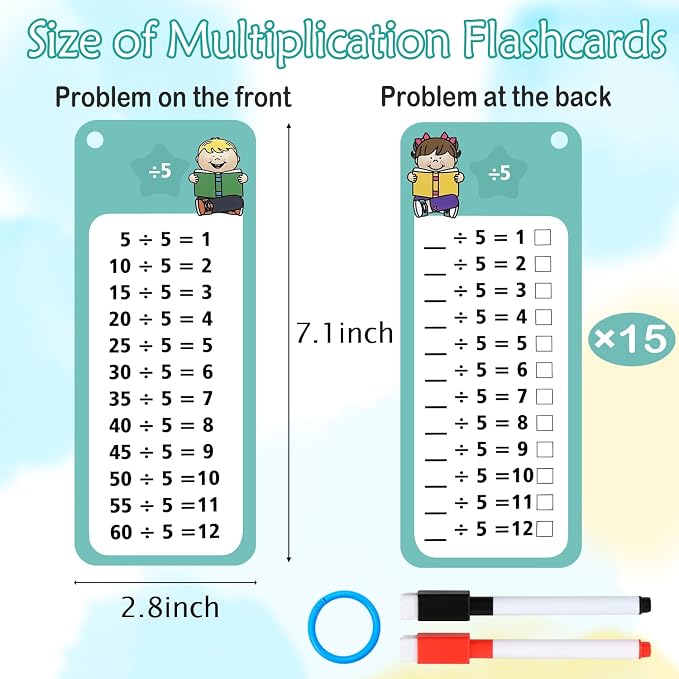1-12 Division Flash Cards, Large Math Table Flashcards Chart, with 15 Cards, 2 Dry Erase Markers, 1 Rings, Educational Division Game for Kids, 1st, 2nd, 3rd Grades Classroom Home
