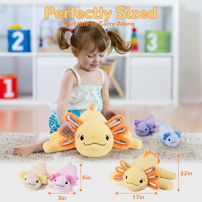 gnomantic Axolotl Stuffed Animals with Babies Inside, Mommy Toy for Kids | 5-Piece set: 1 mommy axolotl + 4 baby axolotls inside. Unzip belly to reveal surprise babies. Ultra-soft, ages 3-8.
