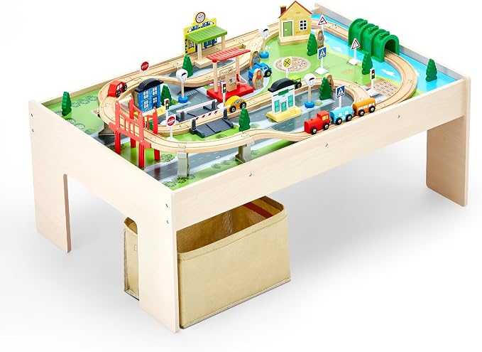 VEVOR Train Table, 84 Multicolor Pieces Wooden Kids Activity Table with Collapsible Storage Bin, 3-in-1 Wooden Train Set for Gaming, Drawing, Reading, Eating, Creative Toy Set for Kids Ages 3+