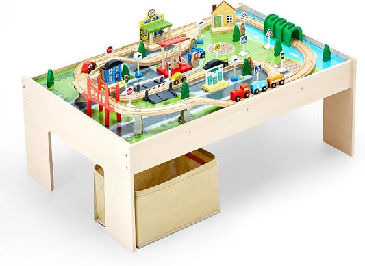 VEVOR Train Table, 84 Multicolor Pieces Wooden Kids Activity Table with Collapsible Storage Bin, 3-in-1 Wooden Train Set for Gaming, Drawing, Reading, Eating, Creative Toy Set for Kids Ages 3+