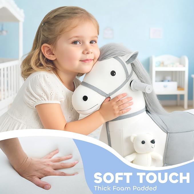 Qaba 6V Kids Ride on Horse, Battery Powered Ride on Toy, Electric Riding Pony with Bear Toy, Music, Soft Touch, PU Wheels, Foot Pedal, Forward, for Girls Boys Aged 1.5-5 Years, White