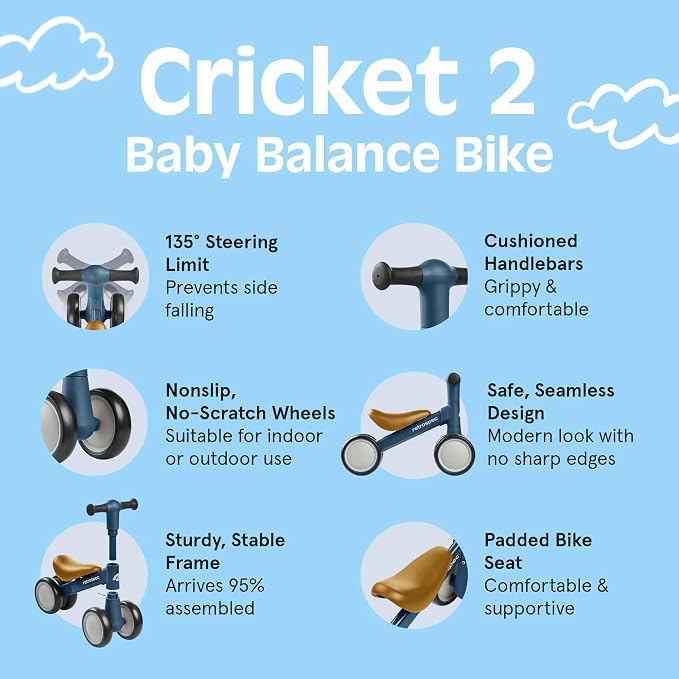 Retrospec Cricket 2 Baby Walker Balance Bike with 4 Wheels - Safe Learning Toy for Ages 12-24 Months - Scratch-Resistant Indoor Outdoor Toddler Riding Toy with Steering Limit & Soft Grips