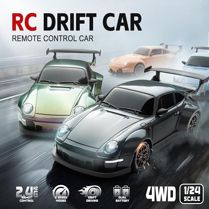 RC Drift Car, 1/24 Widebody Grey Remote Control Drift Car for Adults Kids, 4WD 20KM/H High Speed RC Sports Cars with LED Lights, Extra Racing Tires, Vehicle for Boys Beginners Indoors Outdoors