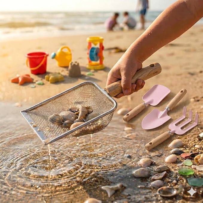 Beach Sand Toys for Kids Toddlers Made of Metal with Sturdy Wooden Handle, Sifter & Shell Clipping Tongs, Mesh Scooper for Digging, Sifting Shells, Shark Tooth Sifter Dipper, Kids Gardening Tools