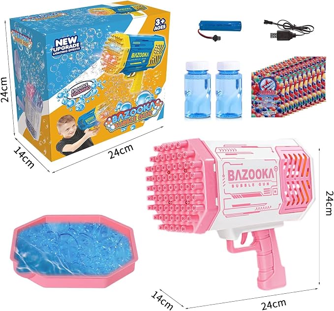 Bubble Gun, Bazooka Bubble Machine Gun, Bubble Blaster Gun with Bubble Solution, 69 Holes Bubble Bazooka Gun Outdoor Summer Toy Party Favors for Kids Pink Easter Bubble Maker Blowers
