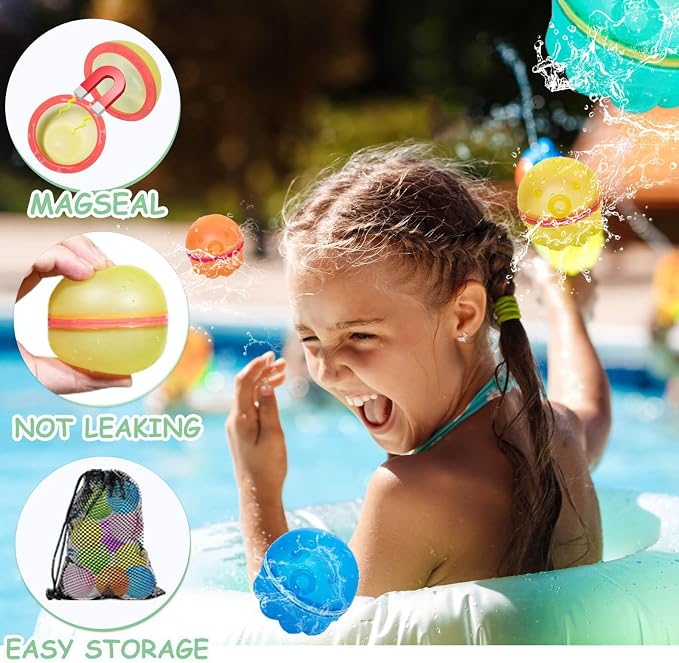 Reusable Water Balloons 16PCS: Summer Water Toys for Pool Beach & Outdoor,Magnetic Splash Balls for Kids Fun Games & Activities,Self-Sealing Refillable Water Bombs for Kids Ages 3-14