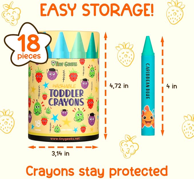 TinyGeeks Jumbo Crayons (18 Colors) – Non-Toxic, Washable Crayons for Toddlers and Kids (Ages 1-8) – Easy-to-Hold - Ideal for Travel, Art, and Learning