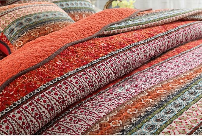 NEWLAKE Striped Classical Cotton 3-Piece Patchwork Bedspread Quilt Sets, Queen Size