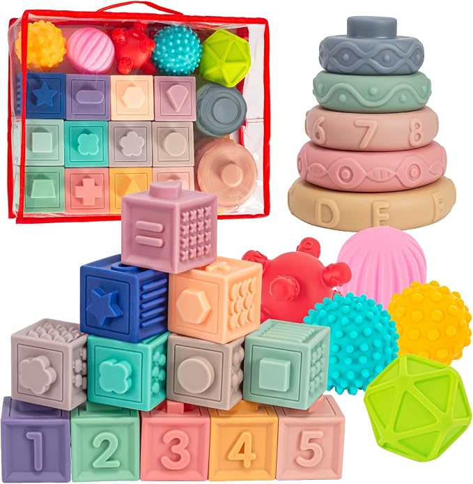 SpringFlower 3 in 1 Montessori Toys for Babies 0-3-6-12 Months, Soft Baby Teething, Stacking Building Blocks for Infants, Sensory Developmental Education Toys for Toddler Baby 12-18 Months,22 PCS