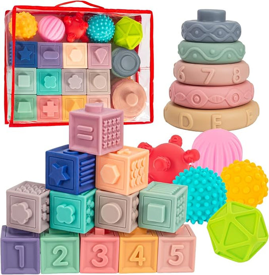 SpringFlower 3 in 1 Montessori Toys for Babies 0-3-6-12 Months, Soft Baby Teething, Stacking Building Blocks for Infants, Sensory Developmental Education Toys for Toddler Baby 12-18 Months,22 PCS