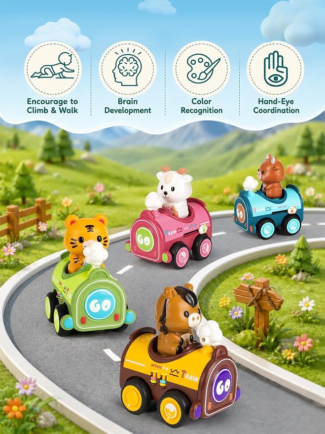 Magnetic Connect & Press to Go Car Toys, 4 Pack Animal Racing Cars with Detachable Finger Puppets, Fine Motor Push Down Vehicle Set for Toddlers 1-3, Birthday Gift for 12-18 Months Baby