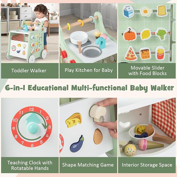 HOMGX Baby Push Walker with Wheels, 6-in-1 Wooden Montessori Toys, Toddler Learning Walker Activity Center, Pretend Kitchen Playset with Shape Sorter, Tool Toy for Kids Boys Girls Ages 12M+