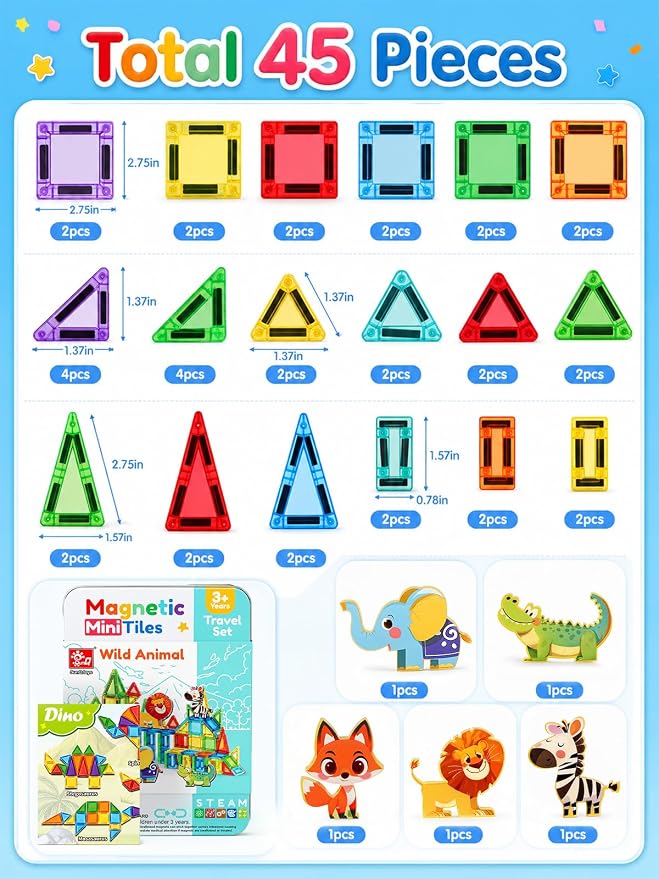 45PCS Mini Magnetic Tiles for Kids Ages 3-8, Travel Magnetic Building Blocks Set with 5 Animal Figures, STEM Toys for Boys Girls, Portable Tin Case, Lion Zebra Fox Elephant Crocodile