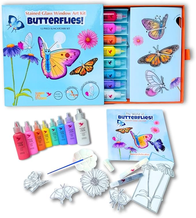 SunnyLifeStudios Butterfly Suncatcher Craft Kit for Kids – Stained Glass Window Art Kit with Activity Book & Paint Set | DIY Craft Gift Ages 8–12+