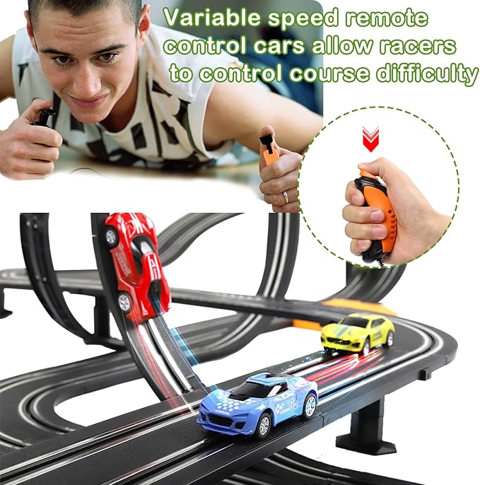 Slot Car Race Track Sets, 23ft Battery Powered or Electric Track with 4 Slot Cars, Dual Racing Game Lap Counters, Race Track Set Features a Loop, Turns, Straightaways and a Crossover for Boys Age 6-12