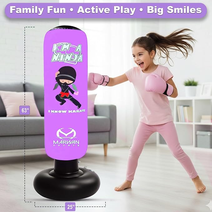 Marwan Sports Ninja Kids Punching Bag — Inflatable Sensory Toy & Birthday Gift for Boys & Girls Ages 4-12, 63" Freestanding 5-in-1 Kit, Indoor Apartment-Quiet Sensory-Friendly Active Play