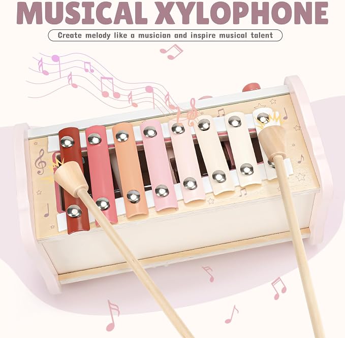 Joyreal Montessori Toys for 1 Year Old Girl Gift - Pink Wooden Hammering Pounding Toy with Xylophone & Fishing Game - Toddler Learning Activities for Kids 1+ 2 3 Year Old Christmas Birthday Gifts