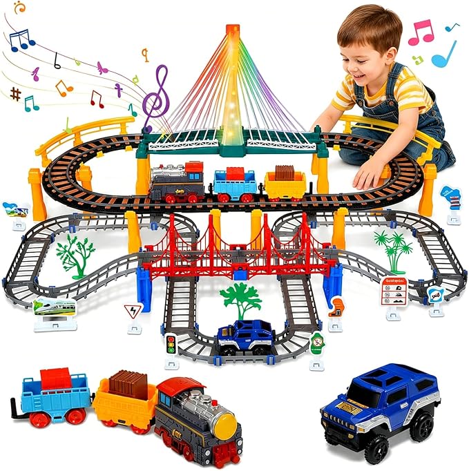 Electric Train Set for Kids Ages 5-8, 2 in 1 DIY Tracks Toy Dual-Layer Tracks with Light-Up Bridge & Realistic Sounds 100+ Piece STEM Building Toy for Boys Birthday Gifts 3 4 5 6 7 8+