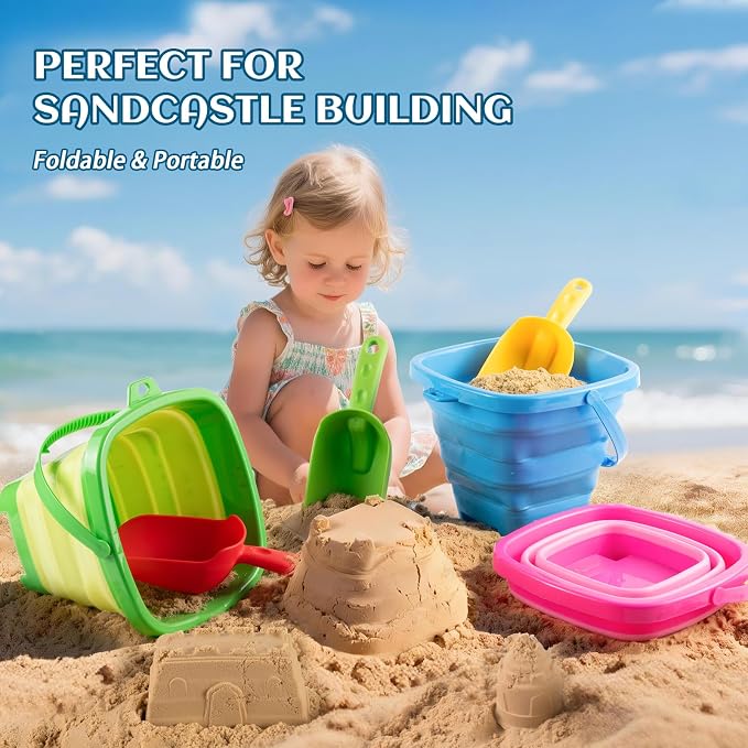 Collapsible Beach Toys for Kids & Toddlers, 3 Pack Foldable Silicone Sand Buckets with 3 Shovels & Mesh Storage Bag, Portable Water Pail for Easter Egg Hunt, Camping, Travel