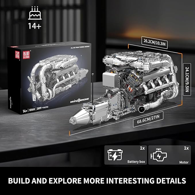 Mould King V8 Twin-Turbo Engine Model Kit That Runs, Mini Engines Building Blocks Set for Adults with Battery and Motor, Engineering Construction STEM Toy for Teens(2899 PCS)