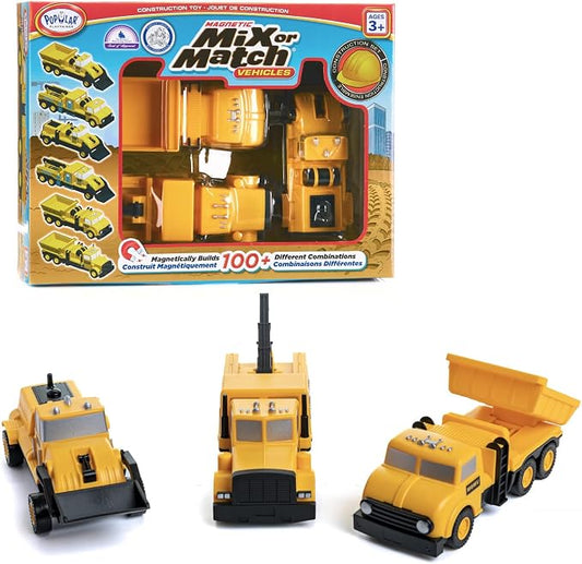 Popular Playthings Magnetic Vehicles for Toddlers 1-3, Mix or Match Car Toys, Set of 3 Gift for Kids - Construction Vehicles