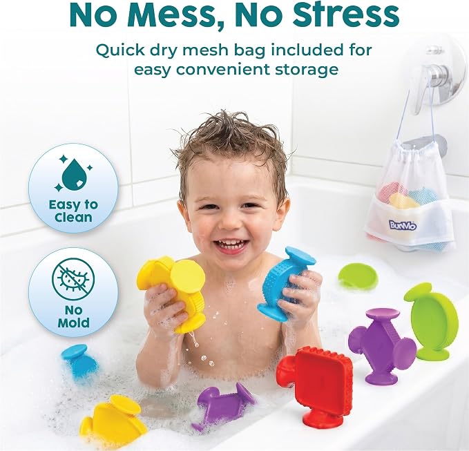 BUNMO Bath Toys for Toddlers - Connect, Build, Create - Suction Bathtub Toys - Hours of Fun & Creativity - Fine Motor Skills - Stimulating Sensory Toys - Babies Ages 1+ 2, 3 - Extra Large 10 Pack