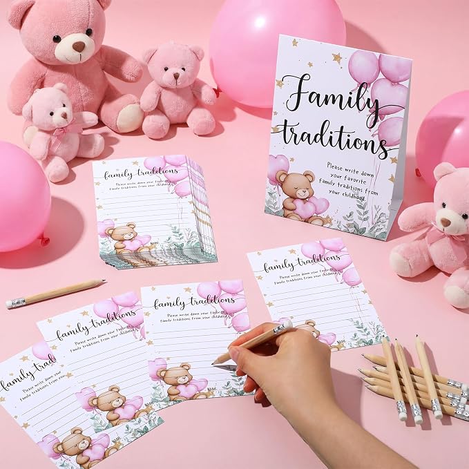 Fumete 61 Pieces Family Tradition Baby Shower Games Include 1 Family Traditions Standing Sign and 50 Activities Cards with 10 Pencils for Gender Reveal Bridal Shower Wedding(Pink,Bear)