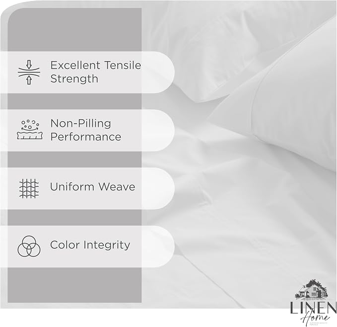 Linen Home 100% Cotton Percale Sheets Twin XL Size, Snow White, Deep Pocket, 3 Pieces Set- 1 Flat, 1 Fitted and 1 Pillowcase, Crisp Cool and Long Staple Strong Bed Linen