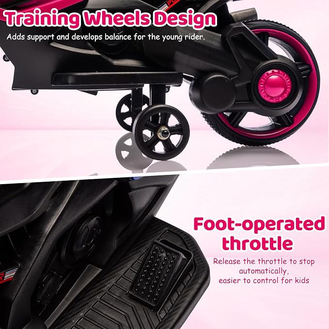 Kids Ride On Motorcycle, 6V Battery Powered Electric Motorcycle, w/Treaded Tires, Horn, Working Headlight, Music, Training Wheels, Stable Ride On Toys for Kids Toddler Boys Girls 3-6, Rosy