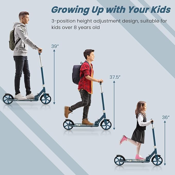 HONEY JOY Kick Scooter, 220 LBS Folding Lightweight Outdoor Scooter w/ 3 Adjustable Height, 7’’ Big Wheels, Aluminum Frame, Kickstand, 6’’ Anti-Slip Deck & Rear Brake, for Kids Teens Age 8+