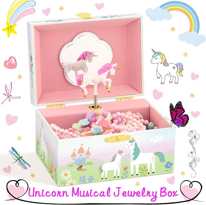 RR ROUND RICH DESIGN Kids Music Jewelry Box with Foil Gold Unicorn Theme Spinning Playback the Tune for Beautiful Dream Song Pink-Green